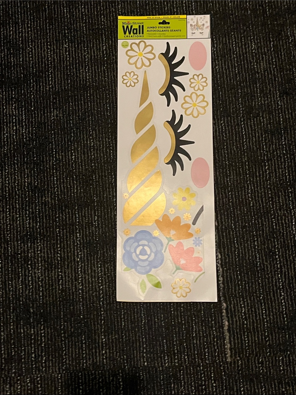 Gold Unicorn Horn & Floral Wall Stickers - Pink, Gold, Blue